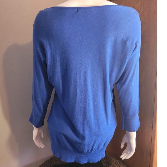 Michael Michael Kors Blue Oversized Sweater Medium Gold Chain Shoulder Logo Knit - Picture 5 of 12